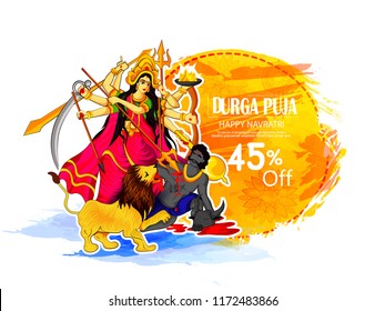 easy to edit vector illustration Goddess Durga in Subho Bijoya or Happy Durga Puja sale 50% India festival holiday with background,  