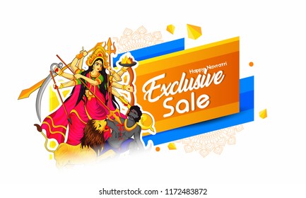 easy to edit vector illustration Goddess Durga in Subho Bijoya or Happy Durga Puja sale 50% India festival holiday with background,  