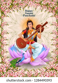 easy to edit vector illustration of Goddess Saraswati for Vasant Panchami Puja of India