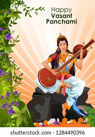 easy to edit vector illustration of Goddess Saraswati for Vasant Panchami Puja of India