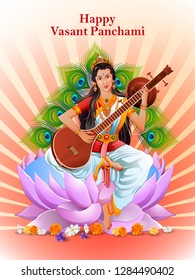 easy to edit vector illustration of Goddess Saraswati for Vasant Panchami Puja of India