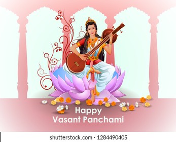 easy to edit vector illustration of Goddess Saraswati for Vasant Panchami Puja of India
