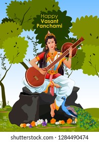 easy to edit vector illustration of Goddess Saraswati for Vasant Panchami Puja of India