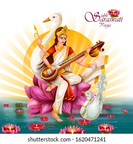 easy to edit vector illustration of Goddess Saraswati for Vasant Panchami Puja of India