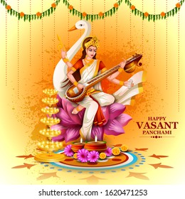 easy to edit vector illustration of Goddess Saraswati for Vasant Panchami Puja of India