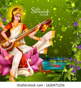 easy to edit vector illustration of Goddess Saraswati for Vasant Panchami Puja of India