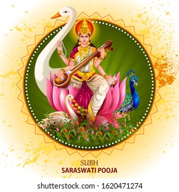 easy to edit vector illustration of Goddess Saraswati for Vasant Panchami Puja of India