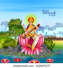 easy to edit vector illustration of Goddess Saraswati for Vasant Panchami Puja of India