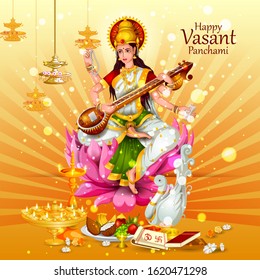 easy to edit vector illustration of Goddess Saraswati for Vasant Panchami Puja of India