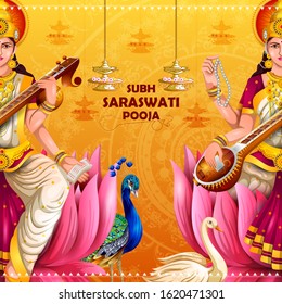 easy to edit vector illustration of Goddess Saraswati for Vasant Panchami Puja of India