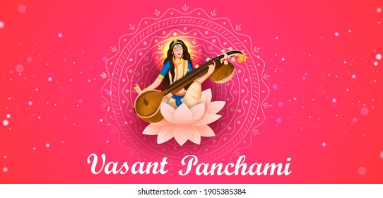 easy to edit vector illustration of Goddess Saraswati for Vasant Panchami Puja of India