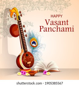 easy to edit vector illustration of Goddess Saraswati for Vasant Panchami Puja of India