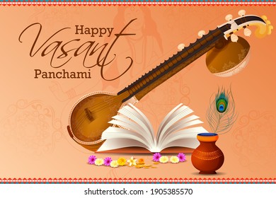 easy to edit vector illustration of Goddess Saraswati for Vasant Panchami Puja of India