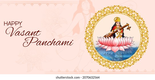 easy to edit vector illustration of Goddess Saraswati for Vasant Panchami Puja of India