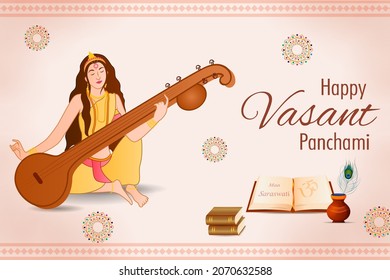 easy to edit vector illustration of Goddess Saraswati for Vasant Panchami Puja of India