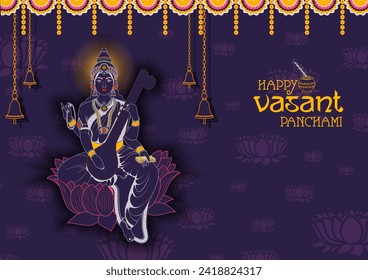 easy to edit vector illustration of Goddess Saraswati with Hindi greetings Vasant Panchami Puja of India
