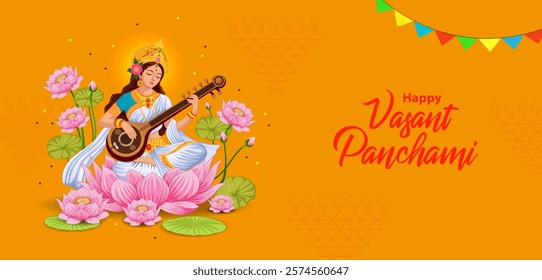 easy to edit vector illustration of Goddess Saraswati for Vasant Panchami Puja of India