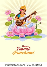 easy to edit vector illustration of Goddess Saraswati for Vasant Panchami Puja of India