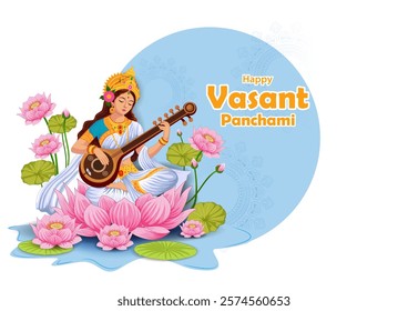 easy to edit vector illustration of Goddess Saraswati for Vasant Panchami Puja of India