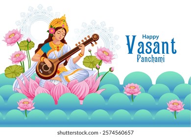 easy to edit vector illustration of Goddess Saraswati for Vasant Panchami Puja of India