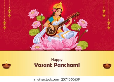 easy to edit vector illustration of Goddess Saraswati for Vasant Panchami Puja of India