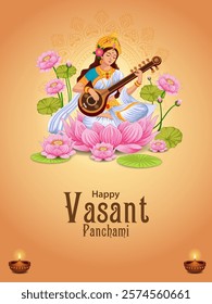 easy to edit vector illustration of Goddess Saraswati for Vasant Panchami Puja of India