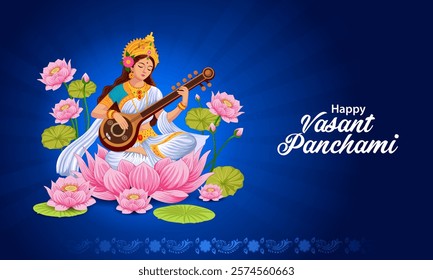 easy to edit vector illustration of Goddess Saraswati for Vasant Panchami Puja of India