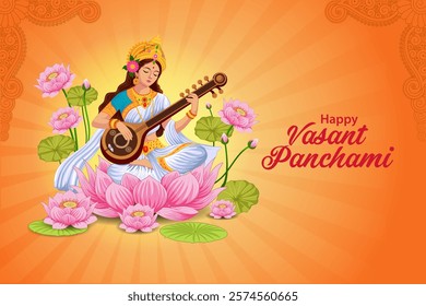 easy to edit vector illustration of Goddess Saraswati for Vasant Panchami Puja of India