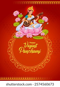 easy to edit vector illustration of Goddess Saraswati for Vasant Panchami Puja of India