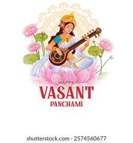 easy to edit vector illustration of Goddess Saraswati for Vasant Panchami Puja of India