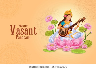 easy to edit vector illustration of Goddess Saraswati for Vasant Panchami Puja of India