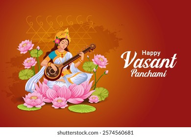 easy to edit vector illustration of Goddess Saraswati for Vasant Panchami Puja of India