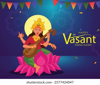 Easy to edit vector illustration of Goddess Saraswati for Vasant Panchami Puja of India 
