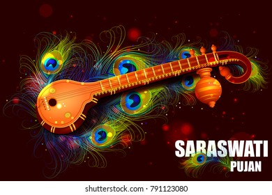 easy to edit vector illustration of Goddess Saraswati for Vasant Panchami Puja of India