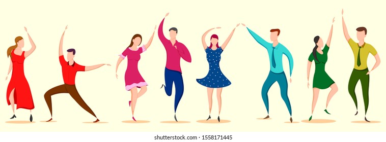 easy to edit vector illustration of group of dancing people friend colleague celebrating birthday, new year disco dance holiday