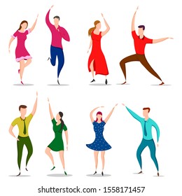 easy to edit vector illustration of group of dancing people friend colleague celebrating birthday, new year disco dance holiday