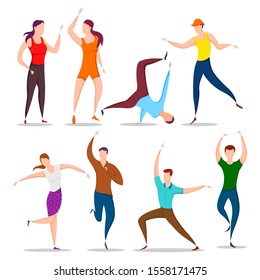 easy to edit vector illustration of group of dancing people friend colleague celebrating birthday, new year disco dance holiday