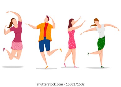 easy to edit vector illustration of group of dancing people friend colleague celebrating birthday, new year disco dance holiday