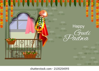 easy to edit vector illustration of Gudhi Padwa spring festival for traditional New Year for Marathi and Konkani Hindus celebrated in Maharashtra and Goa
