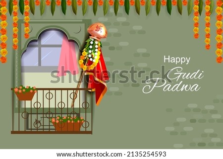 easy to edit vector illustration of Gudhi Padwa spring festival for traditional New Year for Marathi and Konkani Hindus celebrated in Maharashtra and Goa