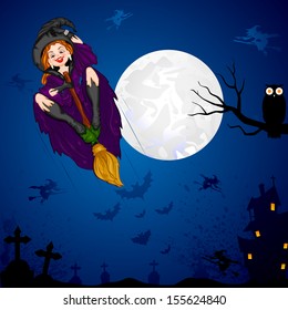 easy to edit vector illustration of Halloween witch flying on broomstick