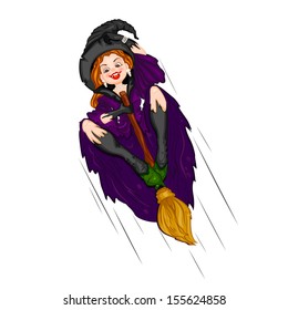 easy to edit vector illustration of Halloween witch flying on broomstick
