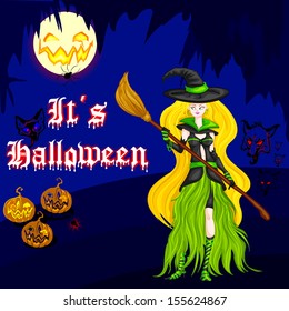 easy to edit vector illustration of Halloween witch with broomstick