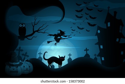 easy to edit vector illustration of Halloween background witch flying on broomstick