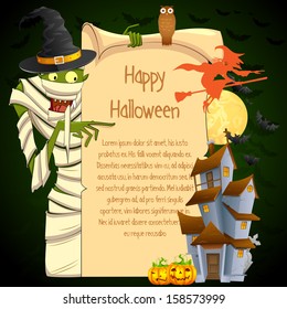easy to edit vector illustration of Halloween Mummy pointing on blank space