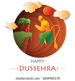 Einfach zu bearbeiten Vektorgrafik von Hanuman traf sich Sita auf Happy Dussehra Hintergrund zeigt das Festival von Indien