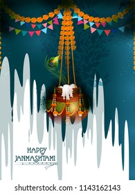 easy to edit vector illustration of Happy Krishna Janmashtami Dahi Handi meaning cream and pot Indian festival celebration background
