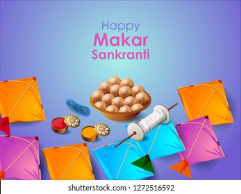 easy to edit vector illustration of Happy Makar Sankranti background with colorful kite
