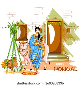 easy to edit vector illustration of Happy Pongal festival of Tamil Nadu India background