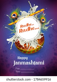 easy to edit vector illustration of Happy Krishna Janmashtami Dahi Handi meaning cream and pot Indian festival celebration background with Hindi text meaning Goddess Radha